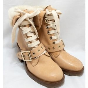 Frye Kay Shearling Lined Leather Ankle Lace Buckle Boots Bootie Combat Peach 6